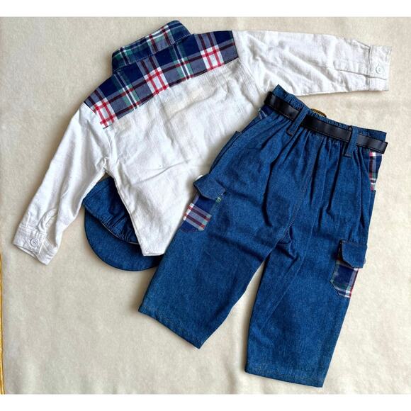 Vintage 90s MGM Kid's Fashion 3-Piece Pants Set Boys 12M Plaid Denim Patchwork - Picture 3 of 10